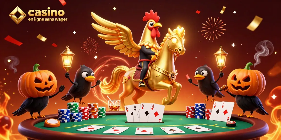 Illustration dynamique de casino en ligne sans wager avec un coq doré et des corbeaux lampion.