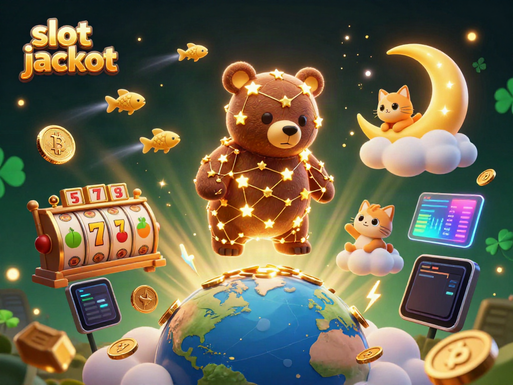 Experience the thrill of a slot jackpot scene with a golden constellation bear and captivating characters.