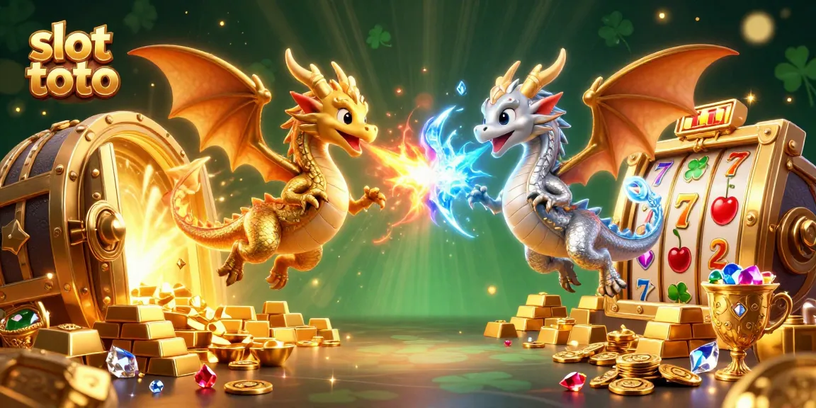 Experience the excitement of slot toto with dragons amidst gleaming treasures and vibrant slot reels.