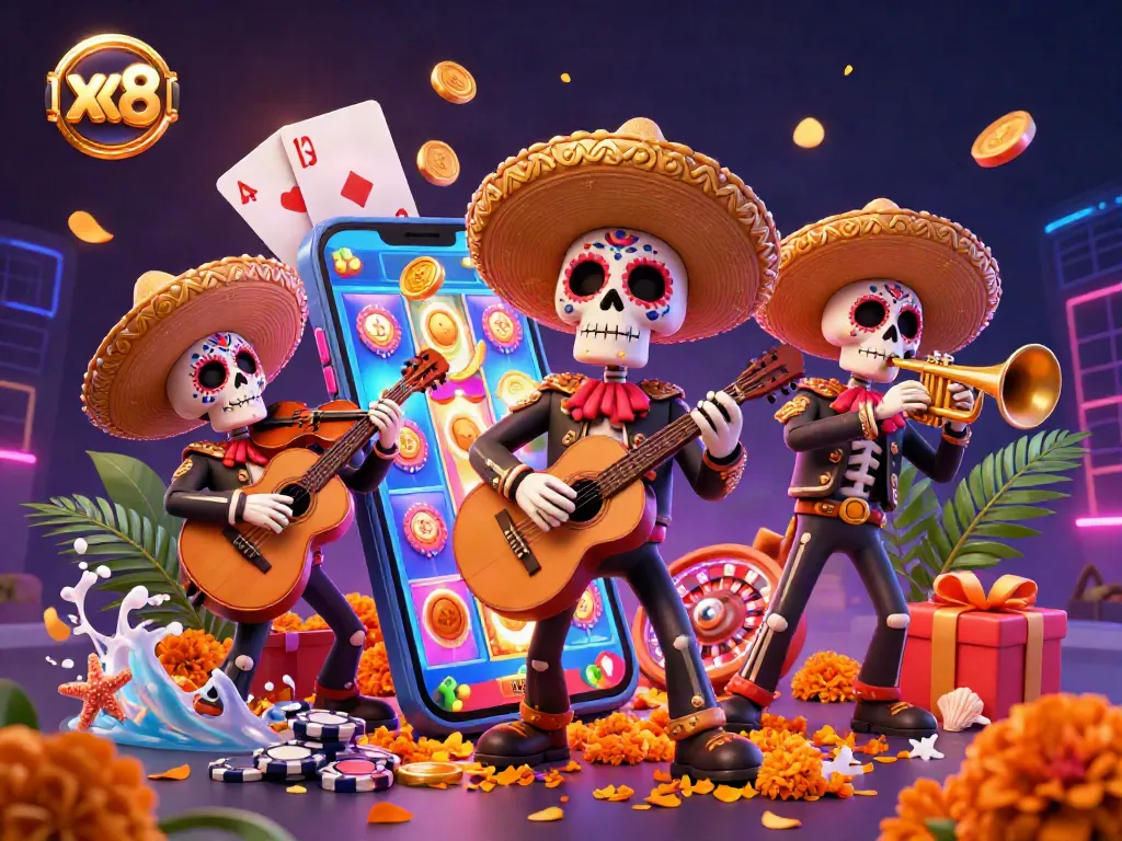 Engage with xx8 casino games featuring a colorful mariachi band amidst gold coins and vibrant slot game imagery.