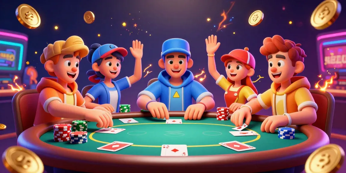 Jouez au poker en ligne dans une ambiance de casino avec des personnages colorés et des jetons brillants.