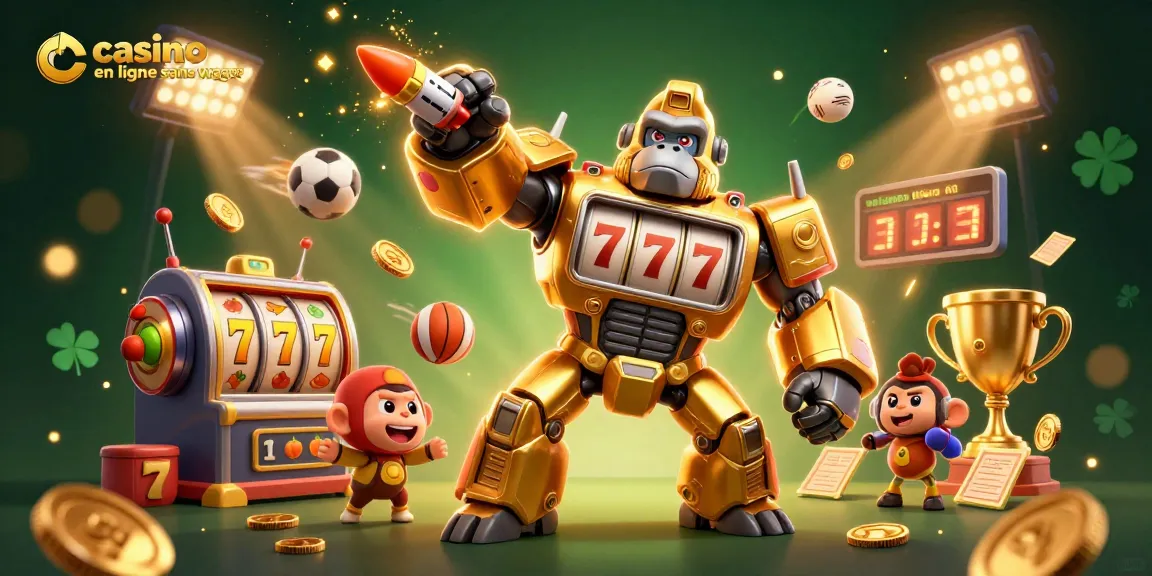 Découvrez une scène dynamique avec un gorille mech en or pour le casino en ligne sans wager, entouré d'éléments de jeu captivants.