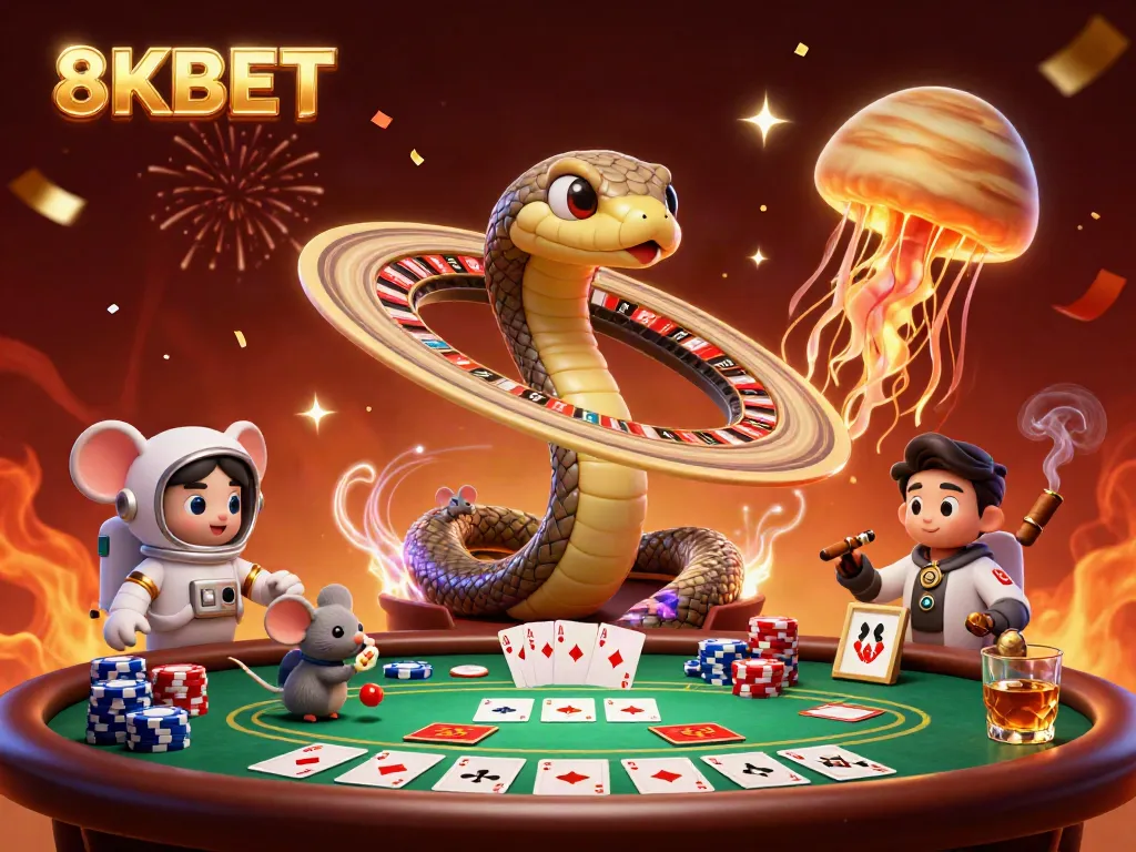 Place your bets in an exciting cosmic casino scene with 8KBET's vibrant digital gaming atmosphere.