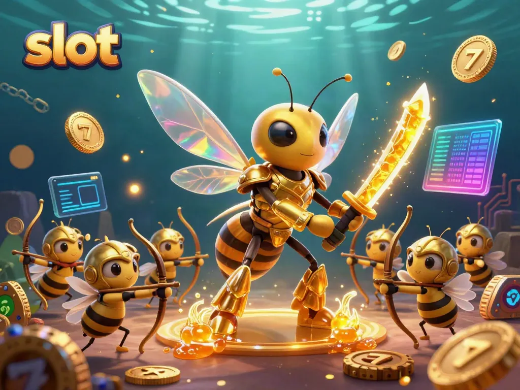 Engage with thrilling slot action featuring cartoonish bee warriors and vibrant slot elements.