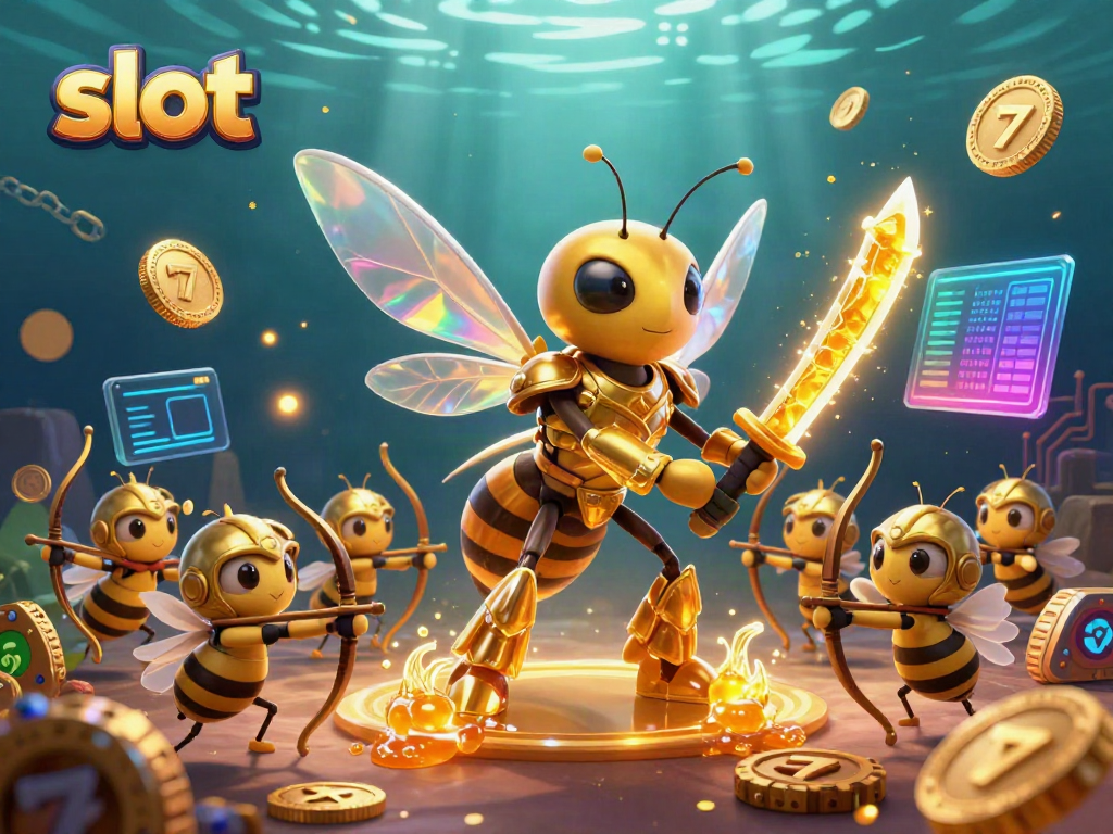 Engage with thrilling slot action featuring cartoonish bee warriors and vibrant slot elements.