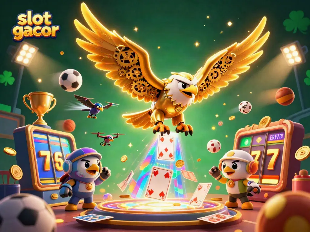 Experience the excitement of slot gacor with animated golden eagle diving through holographic cards.