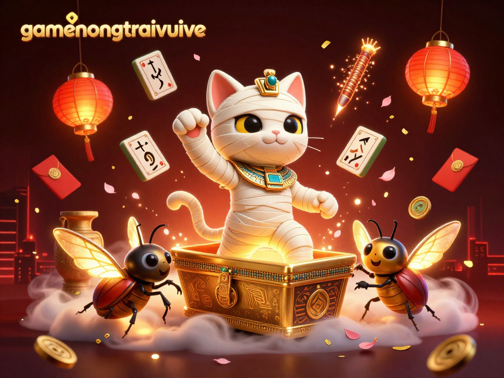 Experience the excitement of gamenongtraivuive with a dynamic 3D illustration featuring a mummy cat and lucky symbols.