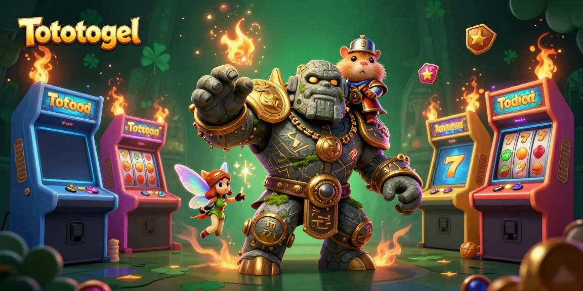 Tototogel menghadirkan kasino virtual, dengan golem penjaga dan elemen permainan bertema slot yang menarik.