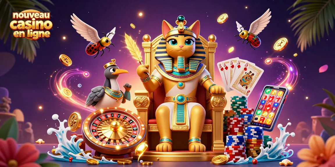 Nouveau casino en ligne : illustration 3D vibrante d'un chat égyptien sur un trône doré entouré d'éléments de jeu.