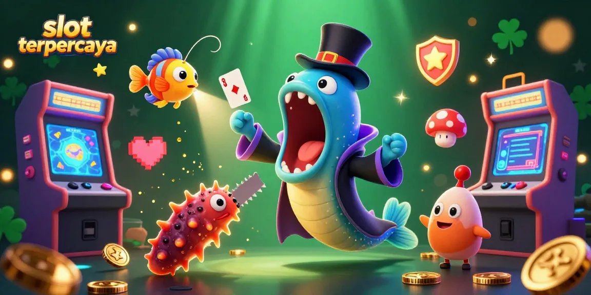 Bermain slot terpercaya dengan gulper eel, ikan pemancing, dan mentimun laut, dikelilingi permainan arcade yang bersinar.