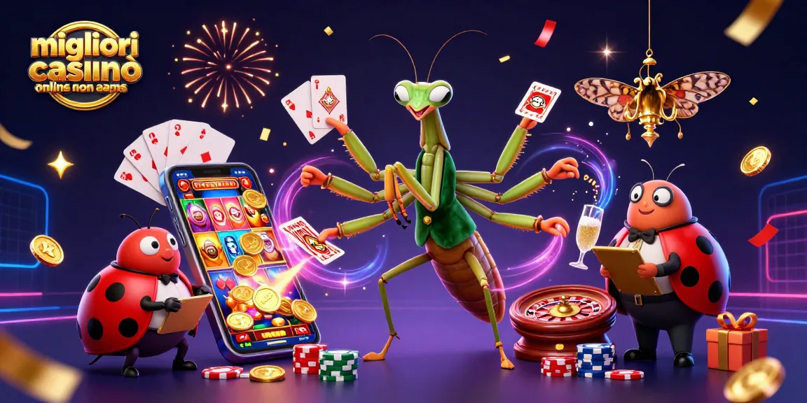 L'illustrazione di un casinò online mostra i migliori casinò online non aams, con un cameriere mentre distribuisce carte e champagne.