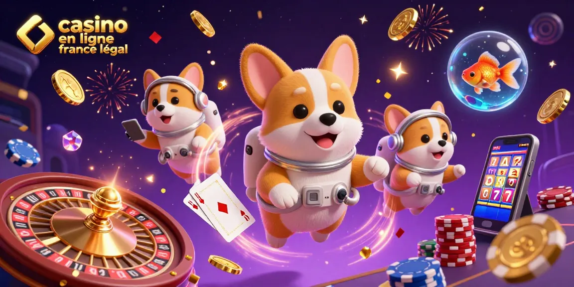 Découvrez une illustration captivante de casino en ligne France légal avec un corgi astronaute flottant.