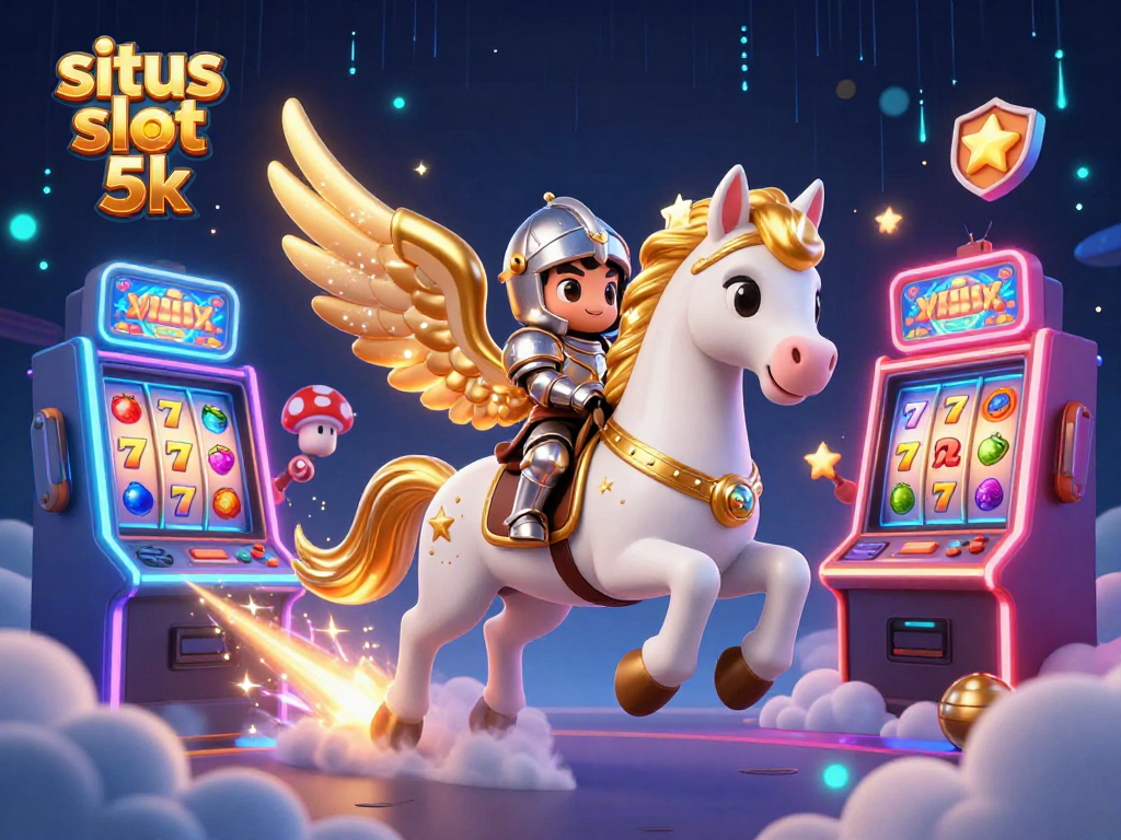 Engage with situs slot 5k as the celestial horse gallops, surrounded by vibrant slot machines and game elements.