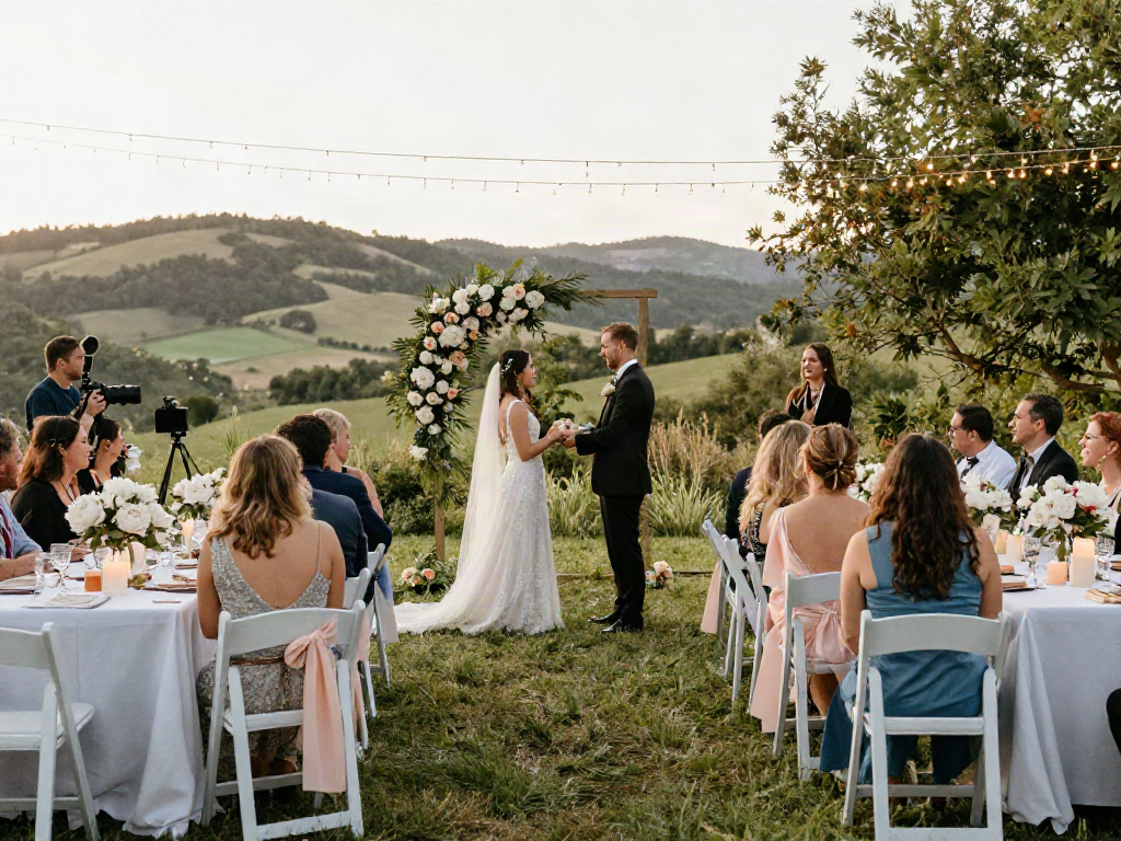 Outdoor wedding ceremony showcasing elegant event rentals and decorations in a romantic setting.