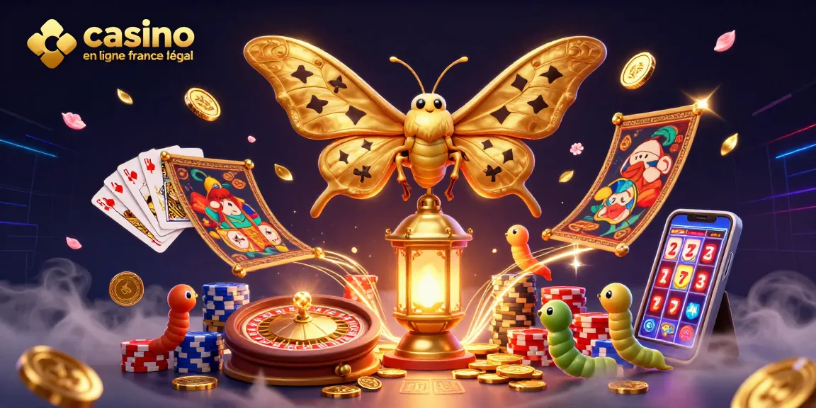 Illustration dynamique d'un casino en ligne légal en France avec des personnages de casino et des éléments de jeu en 3D.