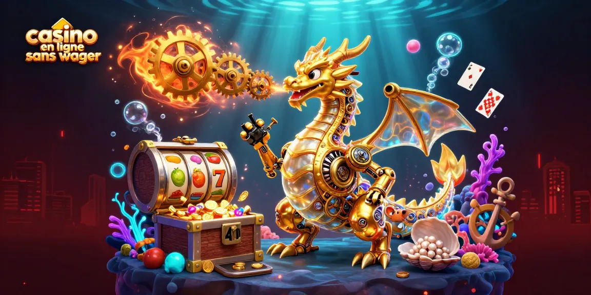 Visualisez un dragon doré de casino en ligne sans wager entouré d'éléments animés et lumineux.