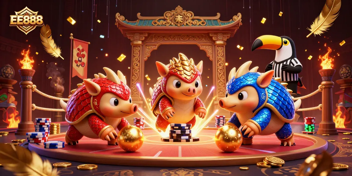 EE888 features rival pangolins competing in a thrilling casino game scene with stacks of poker chips.