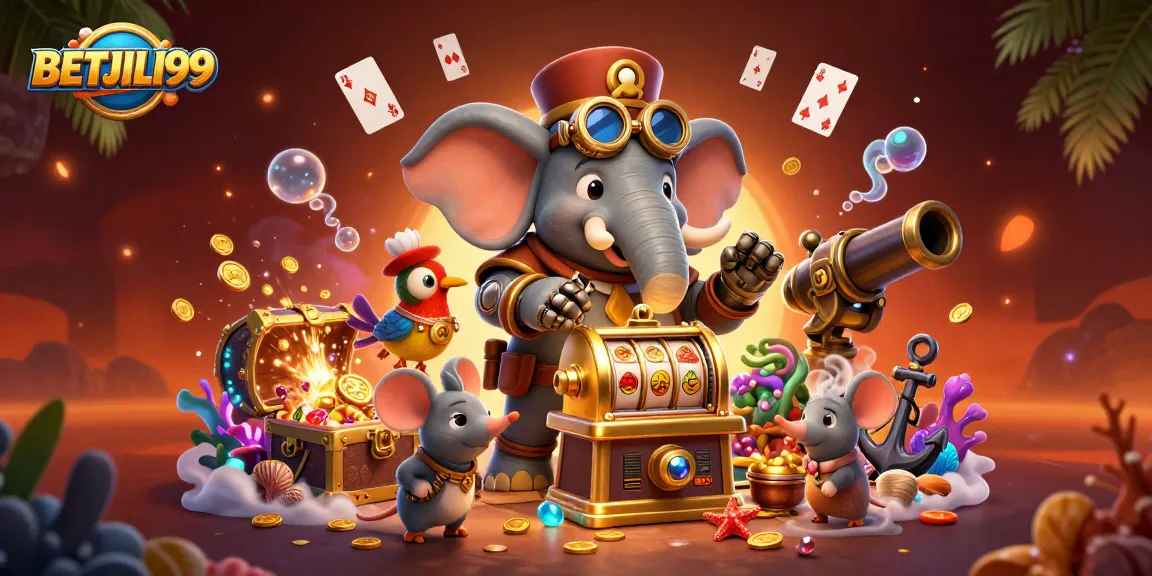 Experience the thrill with BETJILI99 as our steampunk character operates a golden slot machine.