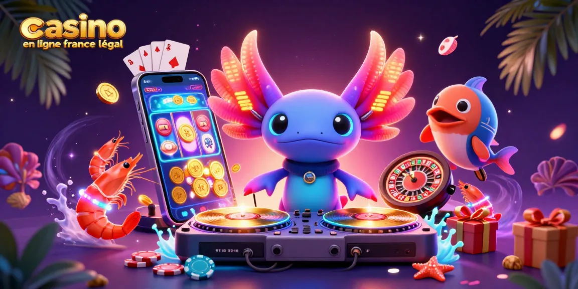 Illustration d'un DJ axolotl coloré avec des éléments de casino en ligne France légal.