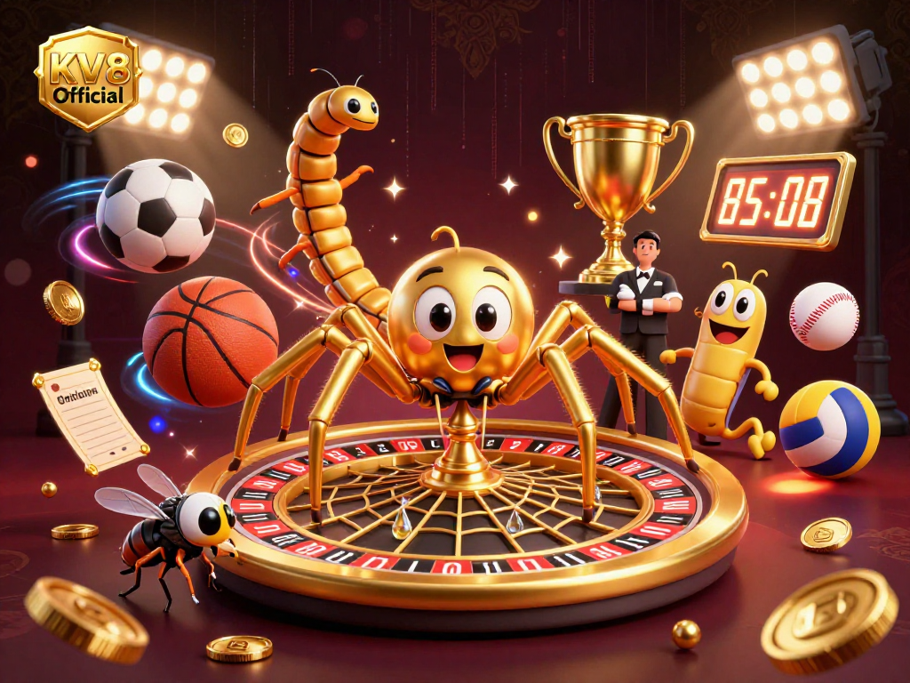 Experience thrilling bets with KV8 Official's vibrant casino scene featuring a golden roulette wheel.