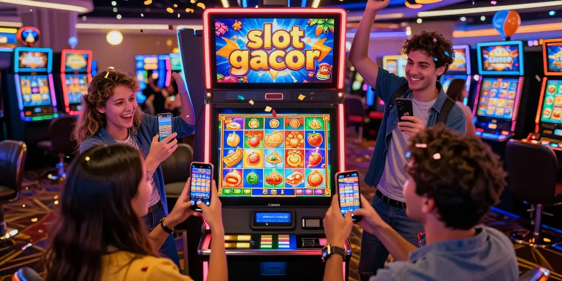 Friends celebrating a win at a slot gacor machine in a lively casino, capturing joyful moments with smartphones.