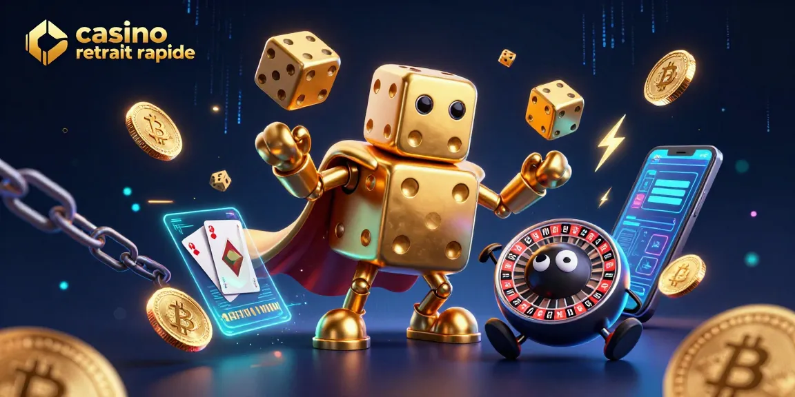 Le casino retrait rapide met en scène un golem de dés dorés dans une illustration numérique dynamique.