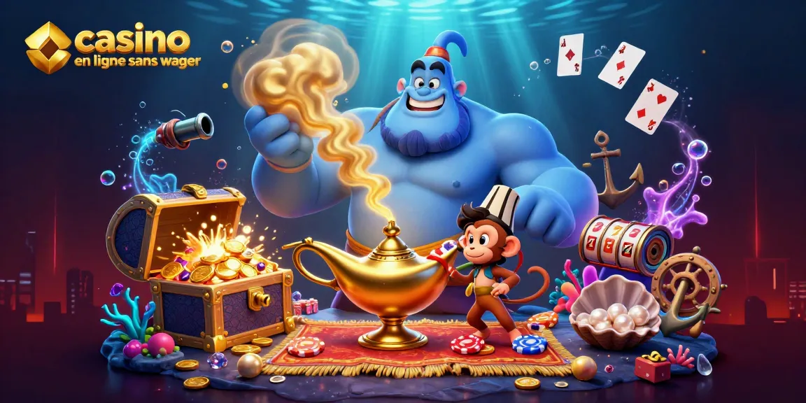 Illustration dynamique représentant le casino en ligne sans wager avec des personnages de conte et des éléments de jeux autour.