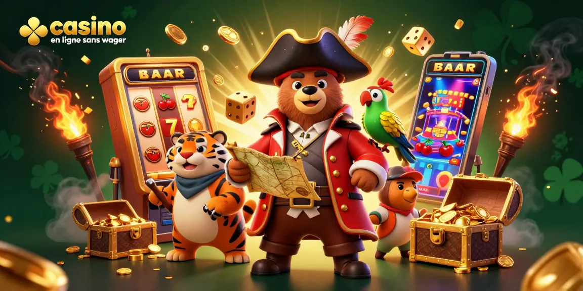 Illustration 3D d'une scène de casino en ligne sans wager avec un ours pirate, un tigre et un perroquet remplis de symboles de jeux d'argent.