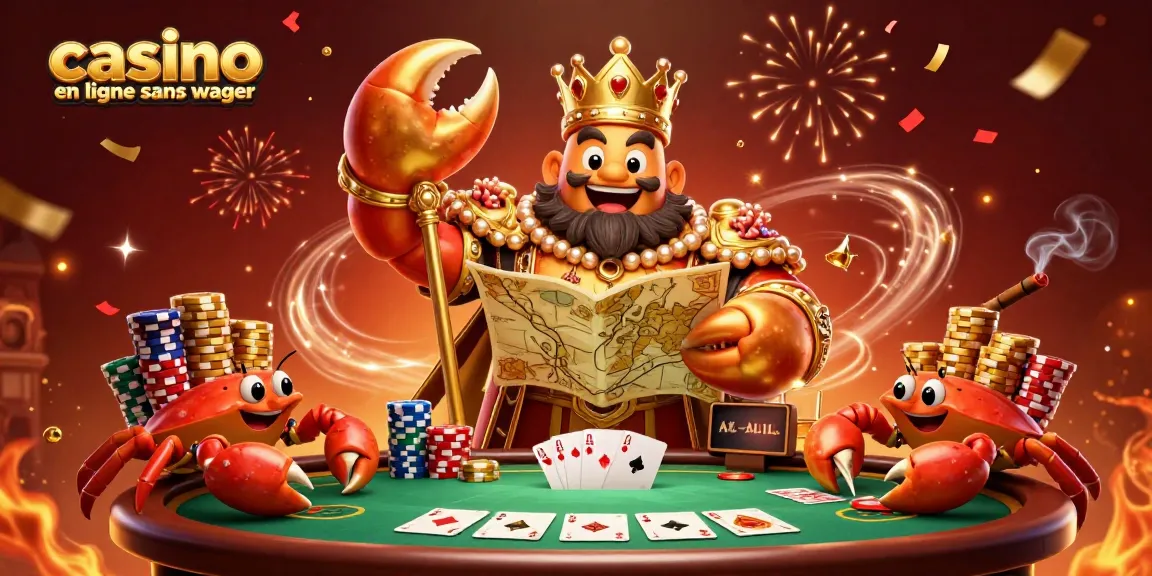 Profitez de l'expérience captivante du casino en ligne sans wager avec un crabe doré portant un sceptre et un plan de trésor.
