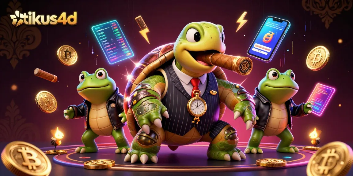 Join the exciting tikus4d scene where a money-chomping turtle leads bullfrog enforcers amidst vibrant crypto elements and casino lights.