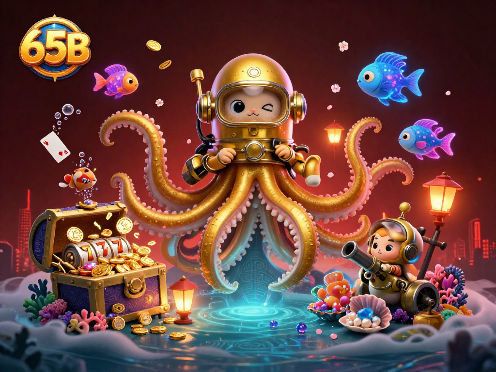 Melhore suas chances no casino 65B com ilustração fantástica de um kraken e um gato mergulhador.