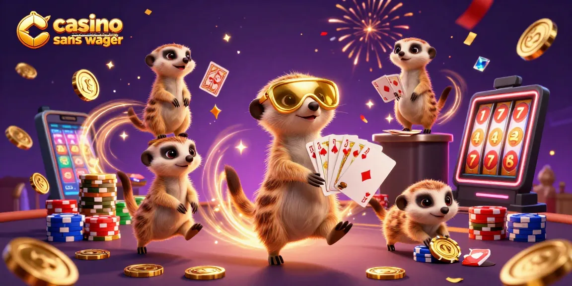 Scénario de casino en ligne sans wager avec des suricates animés gérant des jeux, jetons et cartes en fête.