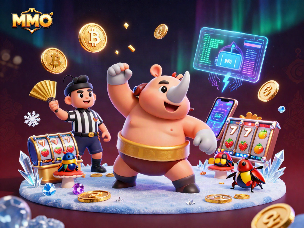 Engage with thrilling MMOO slot strategies amidst a cartoon-style casino showdown scene.