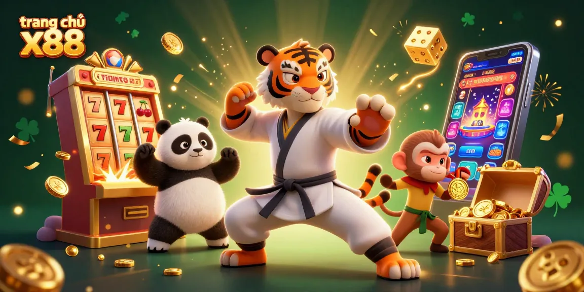 Experience excitement with trang chủ x88 featuring a kung fu tiger master amidst vibrant casino elements.