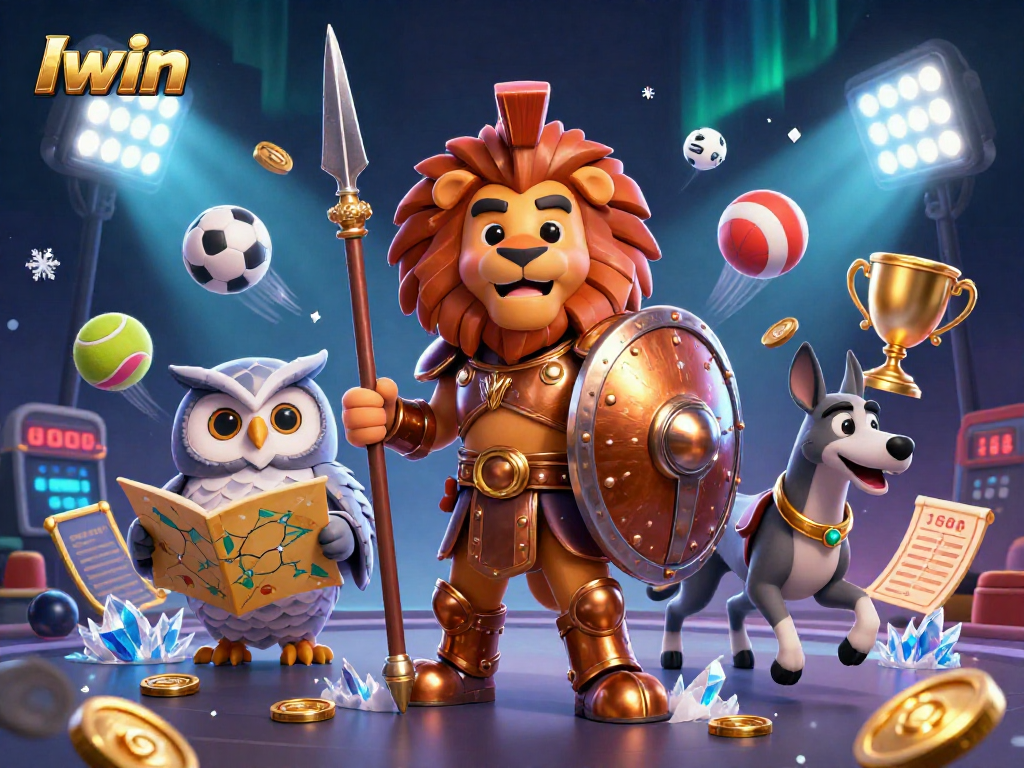 Iwin showcases thrilling sports betting with a Spartan lion, owl strategist, and greyhound messenger.