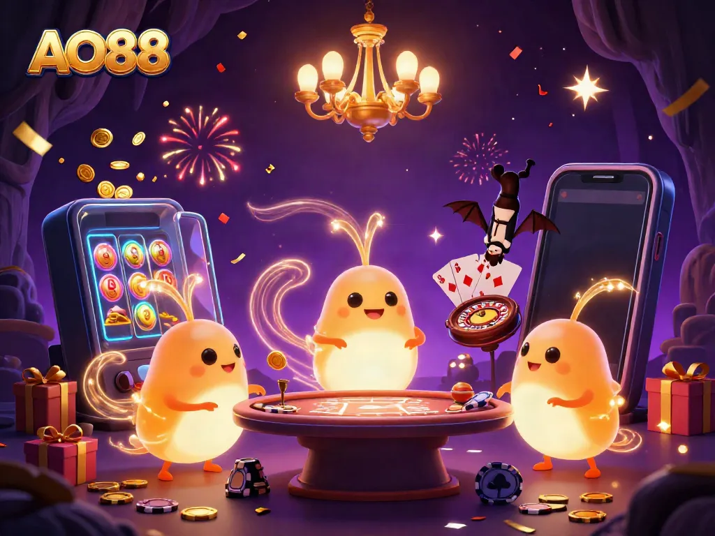 AO88 showcases vibrant glowworms illuminating a cave casino with dynamic gaming elements.