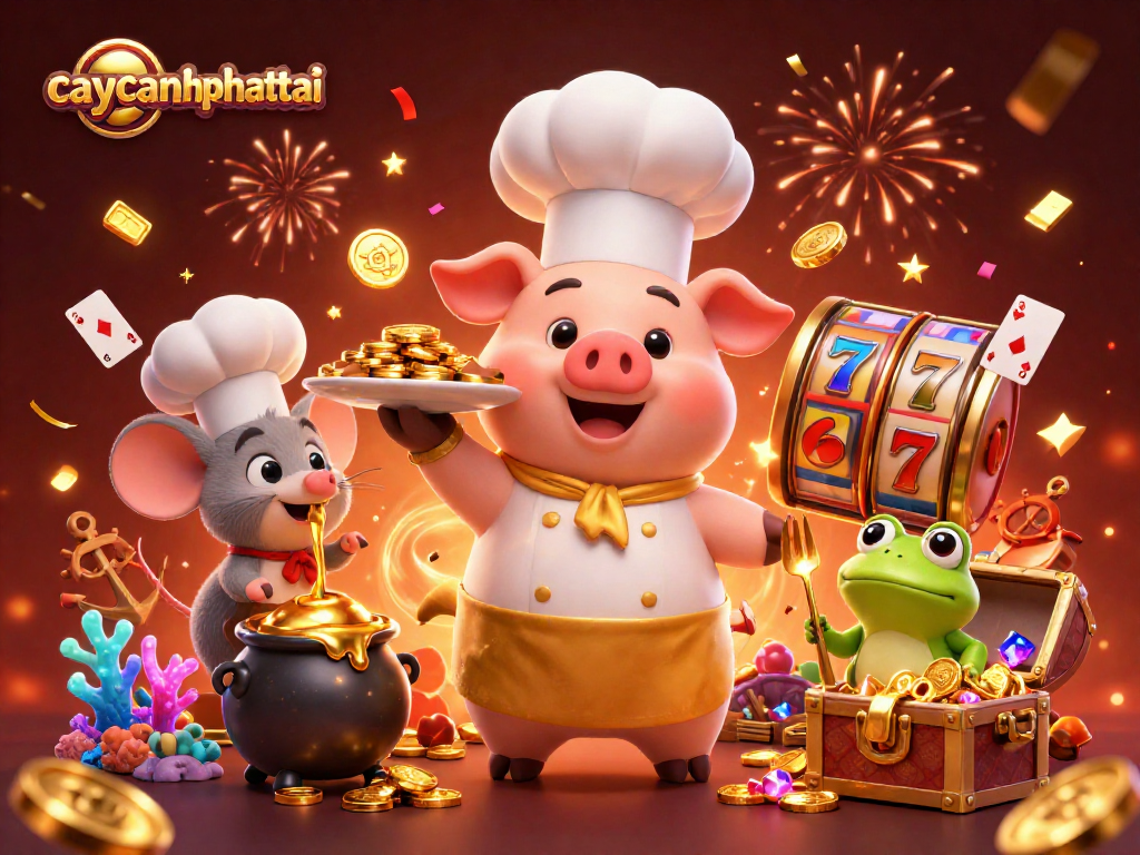 Caycanhphattai engages players with vibrant 3D illustrations featuring all-game elements like slots and treasure.