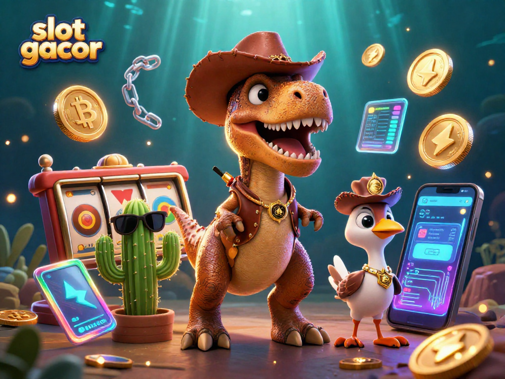 Experience thrilling slot gacor action with a vibrant 3D illustration of cartoon characters and casino elements.