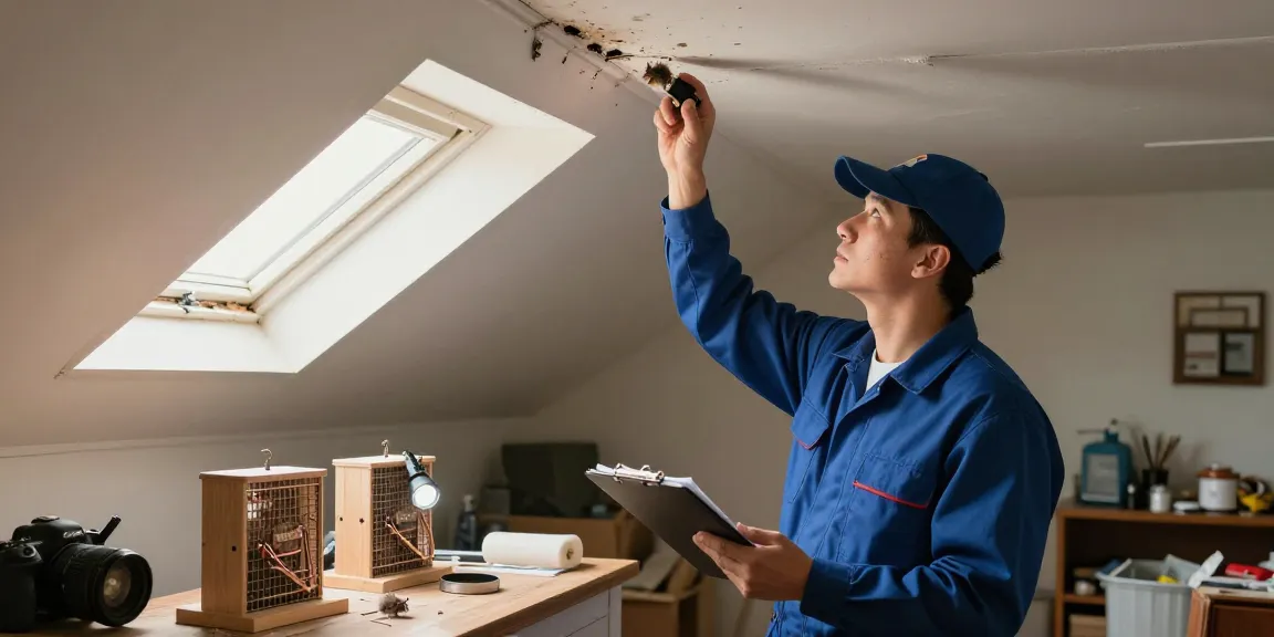 Rat control by In Hand technician inspecting ceiling space for rodent activity, ensuring a pest-free home environment.