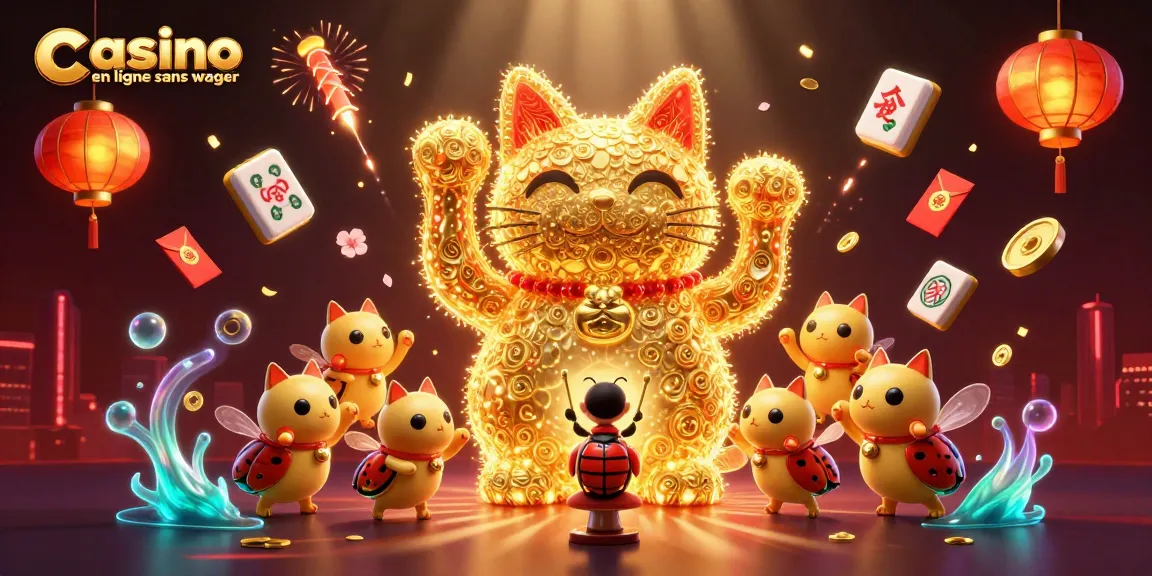 Découvrez le casino en ligne sans wager, illustré par un chat japonais chanceux et des éléments de jeu.