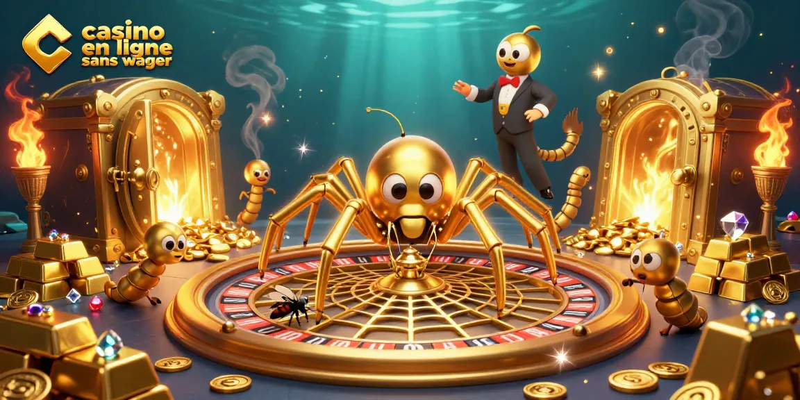Illustration d'une araignée dorée au casino en ligne sans wager, tissant une toile de roulette.