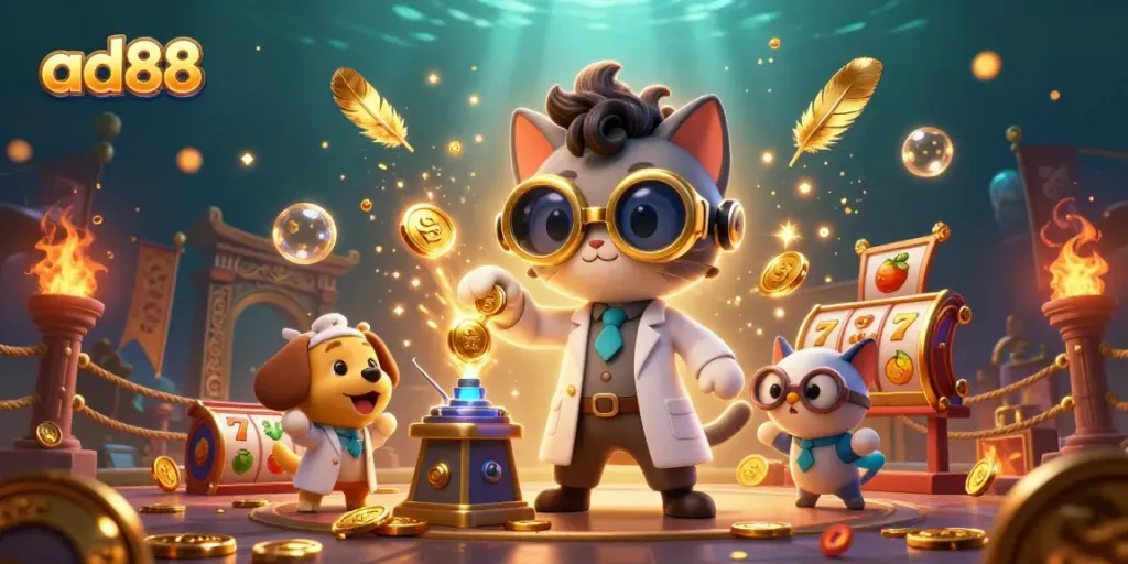 Engage in thrilling gambling adventures with ad88's dynamic casino scene featuring 3D characters and vivid colors.