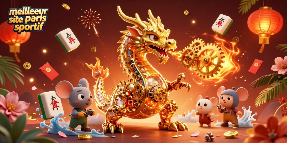 Illustration du meilleur site de paris sportif avec dragon 3D et éléments de jeu dynamiques.