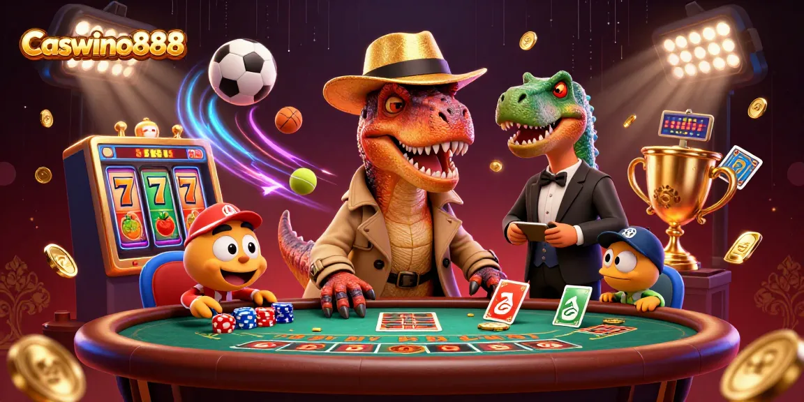 Engage with winning at Caswino888 - a dynamic casino scene featuring a velociraptor card counter.