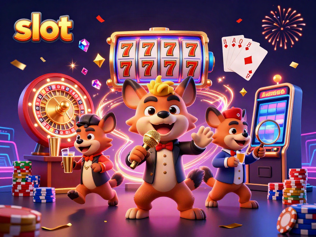 Slot mesin dengan transaksi kasino yang ceria dan komedi oleh hyena, makanan, dan minuman.