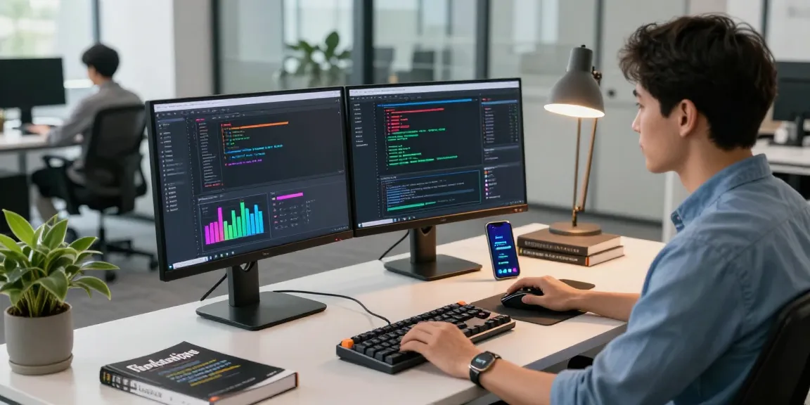 Software developer utilizing rtischeduler software in a modern workspace with dual monitors and coding tools.
