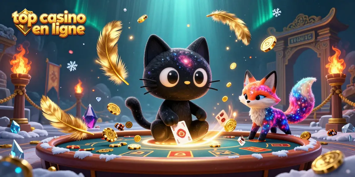 Un chat noir cosmique et un renard nébuleux au top casino en ligne, attirant des jetons d'or.