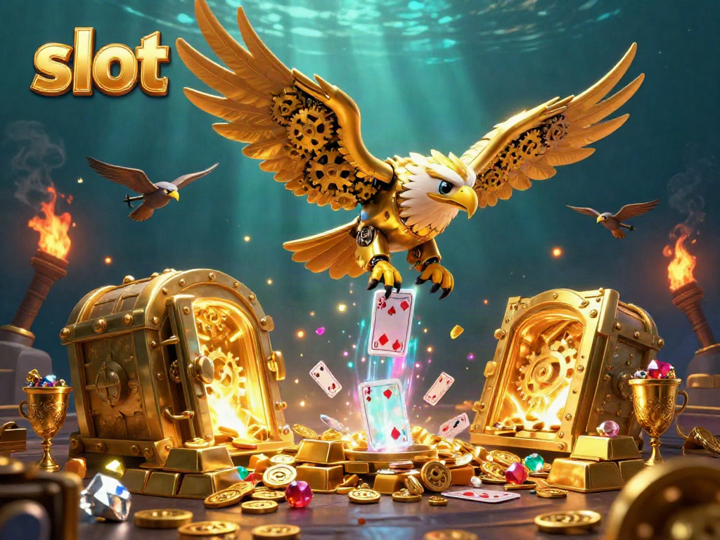 Experience thrilling slot action with a golden eagle and treasure in a vibrant casino scene.