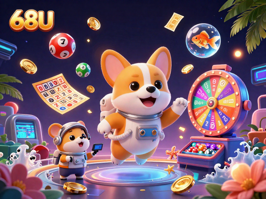 Jogando na 68U, astronauta corgi e hamster em cassino espacial com elementos de loteria vibrantes.