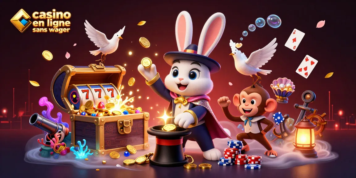 Illustration unique de casino en ligne sans wager avec un lapin magicien, une colombe glammoureuse, et un singe voleur.